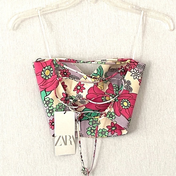 Zara Floral Lace Up Corset Crop Top and Mini Skirt 2 Pieces Matching Set - Picture 6 of 16